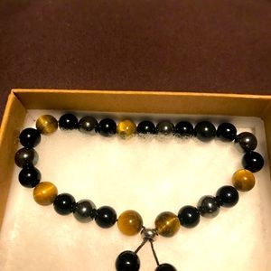 BLUE & GOLD TIGERS EYE, BLACK AGATE AND HEMATITE $PROSPERITY UNISEX BRACELET